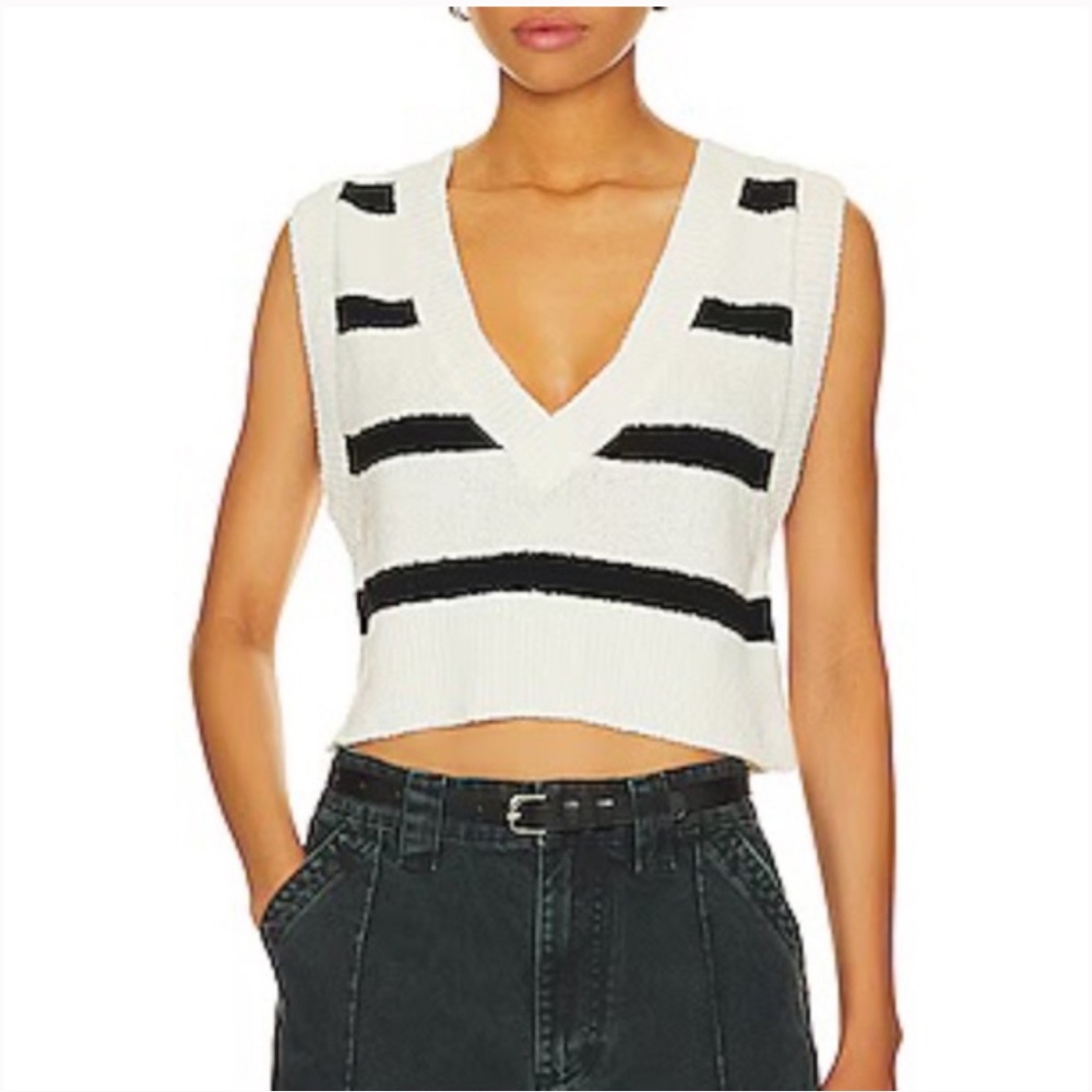 Free People White & Black Striped V-Neck Crop Sweater Vest